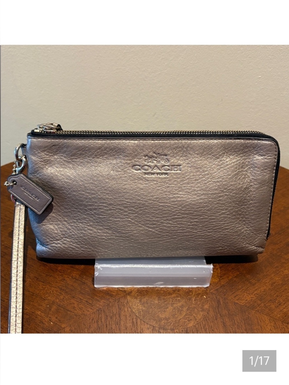 Coach  Double zip wristlet  pebbled Leather  gold metallic  long wallet 8”w
EUC
